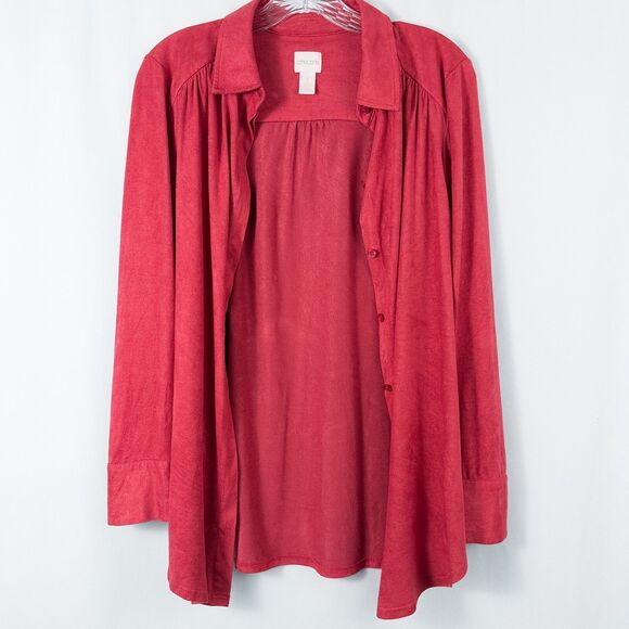 Chicos Smooth Faux Suede Reza Shirt Womens 1 Medium Red Hidden Button Front - Picture 5 of 15